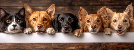 A Dogs and cat peeking over white banner, showcasing their playful expressions and unique features. This adorable scene captures joy of pets togetherの素材