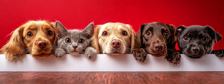 A Cute dogs and cat peeking over white banner against red background, showcasing their playful expressions and curiosityの素材