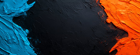 A Vibrant abstract background featuring blue and orange paint textures on dark surface, creating striking contrast and dynamic visual appealの素材