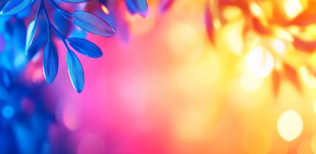 A Vibrant abstract background featuring blue leaves against colorful gradient of orange, pink, and purple hues, creating dreamy and artistic atmosphereの素材