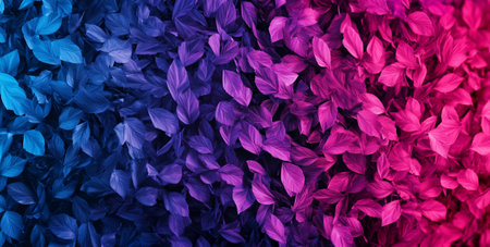 A Vibrant gradient background featuring blue, purple, and pink leaves, creating visually striking and colorful design. Perfect for artistic and creative projectsの素材