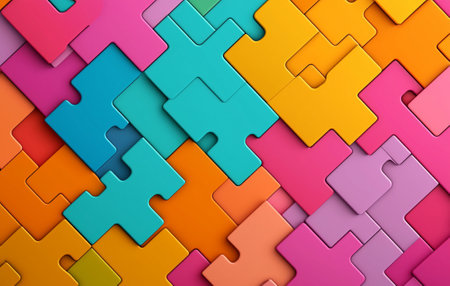 A Colorful puzzle pieces arranged in vibrant pattern on white background create playful and engaging visual. This illustration showcases creativity and funの素材