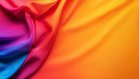 A Vibrant gradient fabric in rainbow colors, showcasing smooth texture and flowing drapes. This colorful background adds lively touch to any design projectの素材