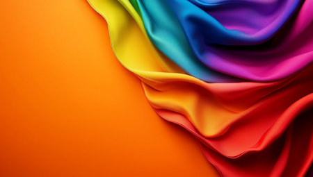 A Vibrant rainbow colored fabric drapes elegantly over warm orange background, creating stunning visual contrast. smooth texture and rich colors evoke sense of joy and creativityの素材