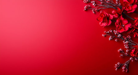 A Vibrant red background with floral elements, featuring red flowers and delicate branches. This design evokes sense of passion and elegance, perfect for various creative projectsの素材