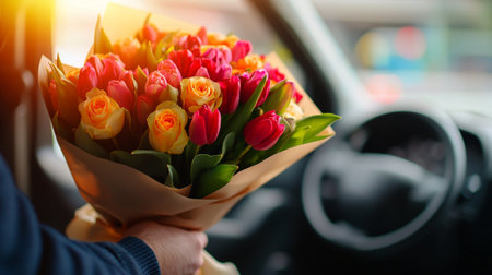 A person holds vibrant bouquet of roses and tulips inside car, showcasing colorful flowers in warm setting. scene evokes joy and celebrationの素材