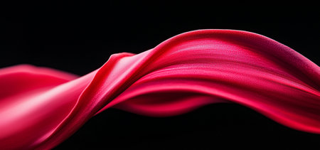 A flowing wave of vibrant red fabric against black background creates striking visual contrast, evoking sense of elegance and movementの素材