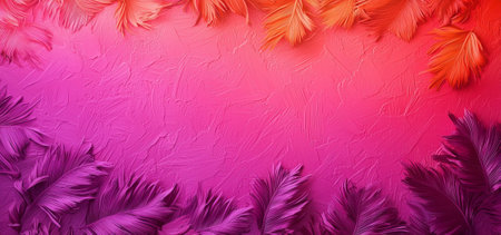 A Colorful gradient background with purple and pink hues, featuring tropical leaves. This vibrant design creates lively and energetic atmosphere, perfect for various creative projectsの素材