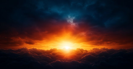 A stunning sunset over clouds, showcasing vibrant orange and blue hues. dramatic sky creates serene and peaceful atmosphere, perfect for nature loversの素材