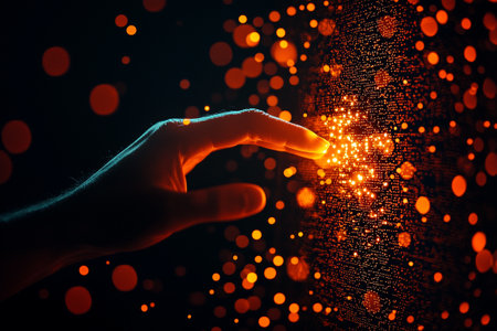 A digital human hand touching glowing data on screen, surrounded by vibrant orange particles, creating sense of connection and technologyの素材