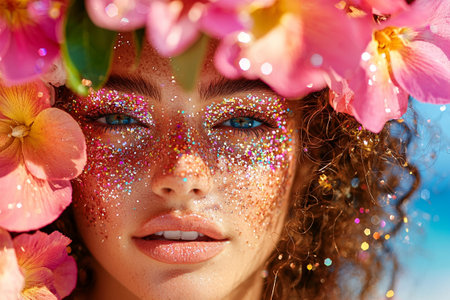 A close up portrait of young woman adorned with vibrant flowers and sparkling glitter, exuding joyful and enchanting vibe. Her expressive eyes and radiant skin enhance beauty of sceneの素材