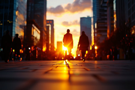 A Silhouettes of people walking towards vibrant sunset in cityscape, with warm golden light reflecting on pavement, creating serene and dynamic atmosphereの素材