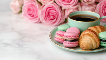 A Delight in colorful pastries, including croissants and macarons, paired with cup of coffee and surrounded by fresh roses, creating charming and inviting atmosphereの素材