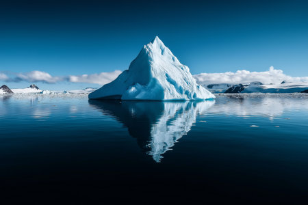 A Majestic blue iceberg floating in calm water, reflecting in serene Arctic landscape. stunning view of nature beauty and tranquilityの素材