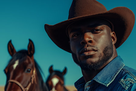 A cowboy stands confidently in desert with two horses, showcasing strength and connection with nature. clear blue sky enhances scene beautyの素材