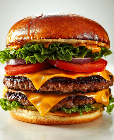 A Delicious cheeseburger with three layers of beef patties, melted cheese, fresh lettuce, tomatoes, and onions, served on toasted bunの素材