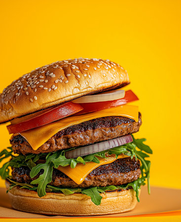 A Gourmet burger with cheddar cheese, arugula, onion, and tomato on sesame seed bun, set against vibrant yellow background, evokes delicious and appetizing feelingの素材