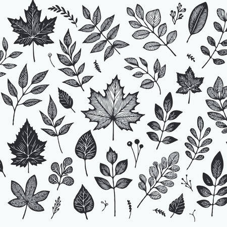 set of leaves black and white silhouettes of leaves seamless pattern with leaves, leaf close up, leaf patterns, set of decorative elements of plants stylizedのイラスト素材