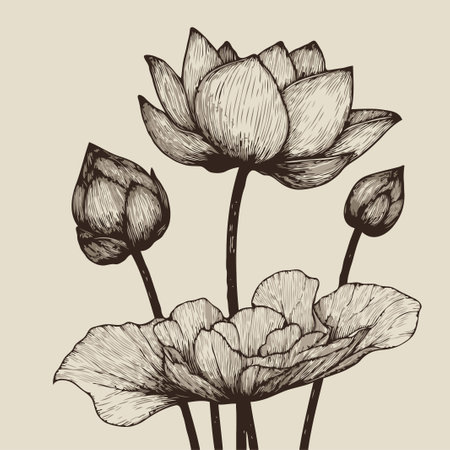 water lily flower, white lotus flower set of flowers vector illustration outline of a flower black and white line art, lineartのイラスト素材