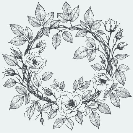 wreath of flowers, leaves black and white vector frame illustration, set of decorative elements of plants background, Adobe Illustrator Artworkのイラスト素材