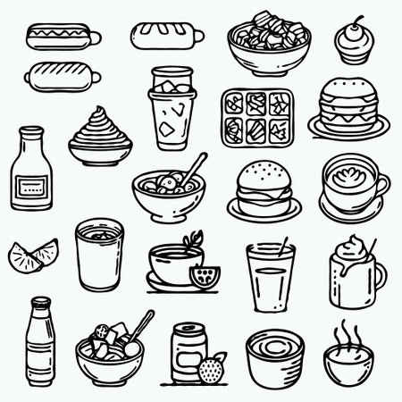 Fast food doodle icons set. Hand drawn vector illustration. set of contour cakes and sweets, line art fast food icons. black and white illustration, set of decorative elementsのイラスト素材