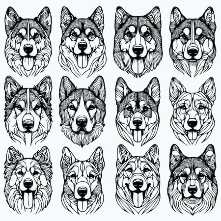 Set of hand drawn vector portraits of dogs. Isolated on white background. Set of dog heads. Vector illustration. Can be used as a logo black and white pet line art patternのイラスト素材