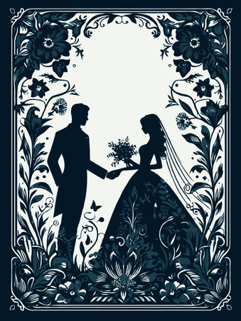 Wedding invitation card. Vector poster illustration. Artwork A silhouette of a woman dress in a floral print A silhouette of a bride and groom in a floral frame A couple silhouetteのイラスト素材