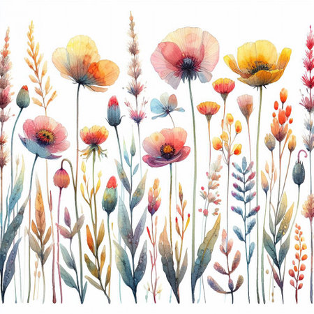 Seamless pattern with cosmos flowers. Floral watercolor background. Watercolor painting of cosmos flowers. Floral background. Digital painting.の素材