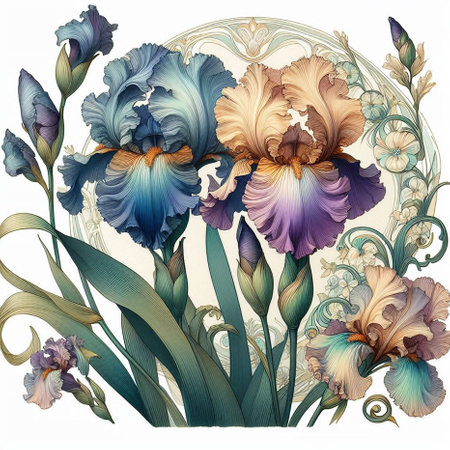 Illustration of iris flowers in vintage frame. iris flower on white background bouquet floral background with iris flowers and leaves. Digital painting.の素材