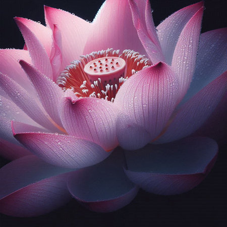 Beautiful pink lotus flower with water drops on black background. lotus water lily macroの素材