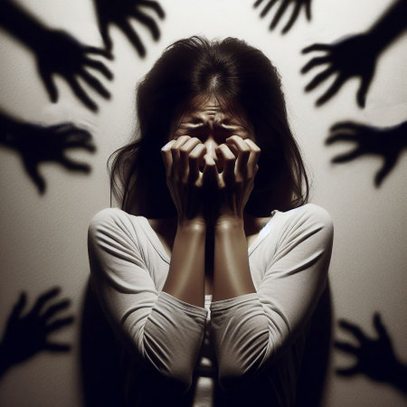 Scared young woman with hands covering her face. woman with hands on her face Depression concept. Scared young woman with hands covering her face. domestic abuseの素材