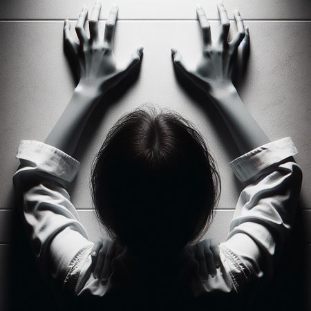 Woman in a white shirt with hands on the wall. Halloween concept. Depression concept. woman with hands on her face Scared young woman with hands covering her face. domestic abuseの素材