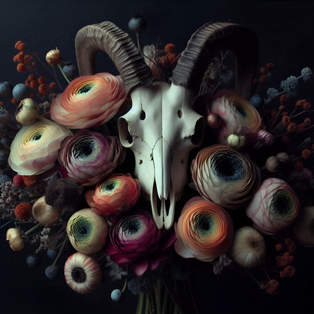 Skull with floral bouquet on black background, halloween concept Bouquet of flowers with human skull on dark background. flowers on a dark background. Skull of a goatの素材