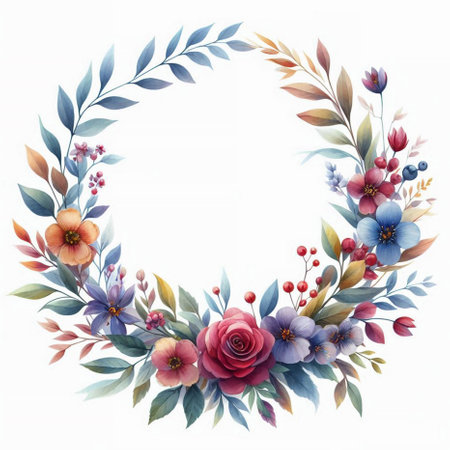 Wedding invitation card template, flowers and leaves. Floral frame. Greeting card with roses. Watercolor floral pattern. Elegant background. Vintage Hand painted illustration.の素材