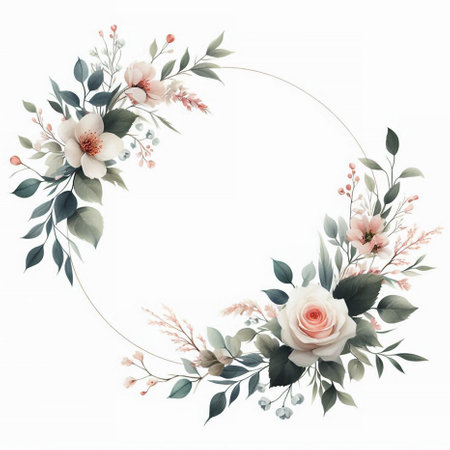 Wedding invitation card template with gold frame, flowers and leaves. Floral frame with flowers and leaves. Greeting card. Watercolor floral pattern. Elegant background.の素材