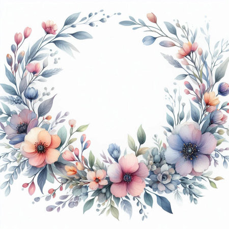 Wedding invitation card template, flowers and leaves. Floral frame. Greeting card with roses. Watercolor floral pattern. Elegant background. Vintage Hand painted illustration.の素材