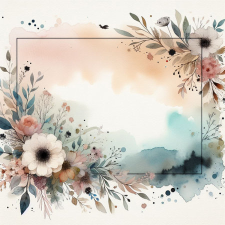 Wedding invitation card template, flowers and leaves. Floral frame. Greeting card with roses. Watercolor floral pattern. Elegant background. Vintage Hand painted illustration.の素材