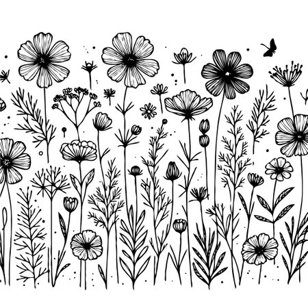 outline black and white line art, lineart, Vector doodle flower. set of contour floral of cosmos, Chamomile, daisies, grasses, leaves decorative elements banners, posters, logoのイラスト素材