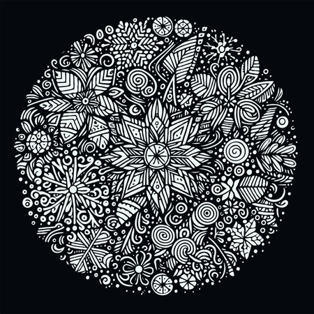 seamless pattern with christmas fir trees. Simple line art design elements for cards, invitations, banners, posters, logo, print. black and white snowflake. Vector illustration.のイラスト素材