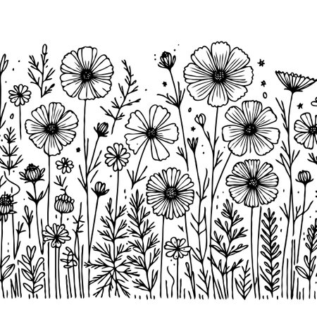 outline black and white line art, lineart, Vector doodle flower. set of contour floral of cosmos, Chamomile, daisies, grasses, leaves decorative elements banners, posters, logoのイラスト素材