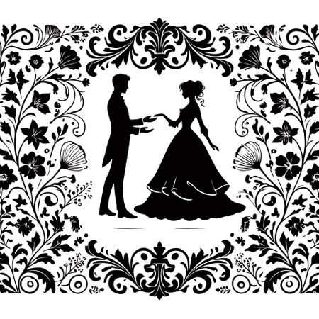 Wedding invitation card with bride and groom. Vector illustration. Loving couple in vintage baroque style. Dancing Couple Floral Frameのイラスト素材