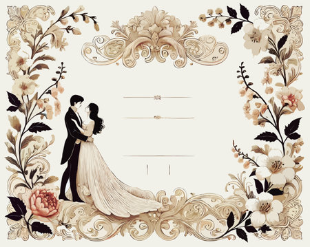 Wedding invitation card with bride and groom. Vector illustration.の写真素材
