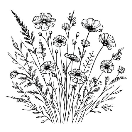 Wildflowers. Hand drawn vector illustration in black and white.のイラスト素材