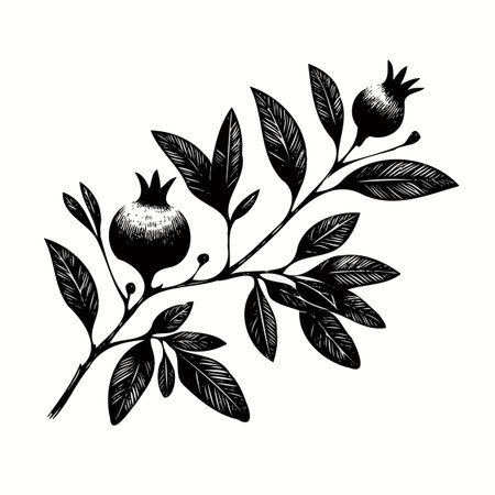 Pomegranate branch with fruits and leaves. Black and white vector illustration.のイラスト素材