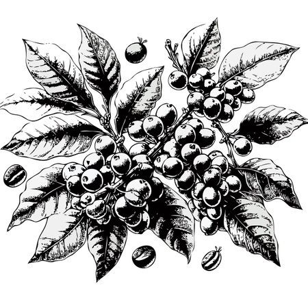 Coffee branch with berries and leaves. Hand drawn vector illustration.のイラスト素材