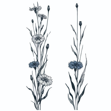 Vector set of hand drawn cornflowers. Black and white illustration.のイラスト素材