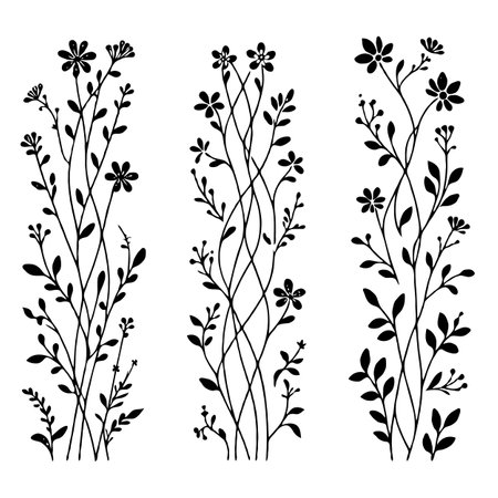 Set of hand drawn floral elements. Black and white vector illustration.のイラスト素材