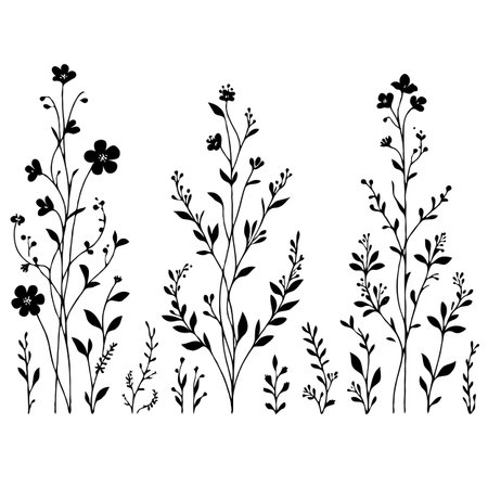 Vector set of black silhouettes of flowers and plants on a white backgroundのイラスト素材