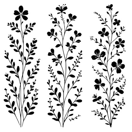 Set of black silhouettes of flowers and leaves on a white backgroundのイラスト素材