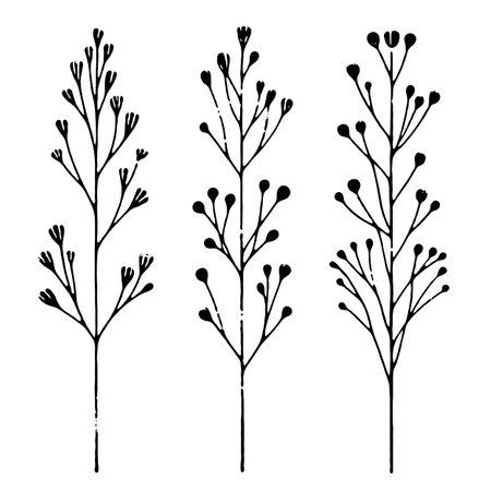 Set of black silhouettes of twigs with leaves. Vector illustrationのイラスト素材